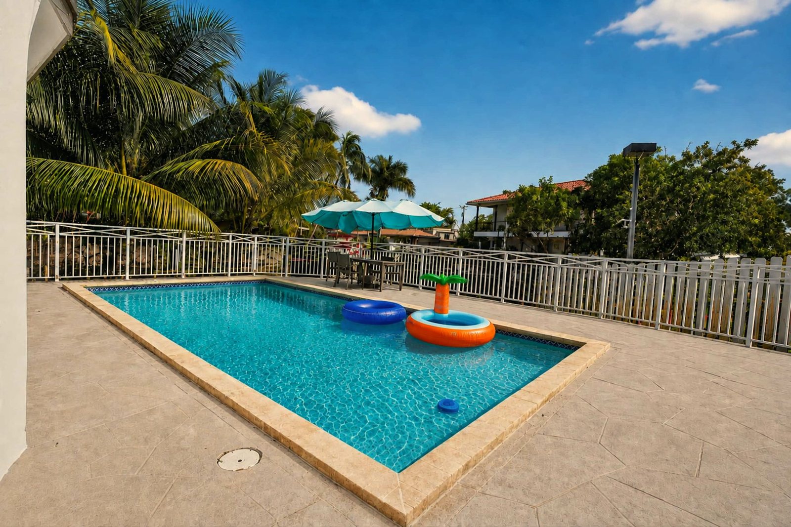 Private pool with palm trees and loungers at the Cut-Off Canal home in Fort Lauderdale, Florida