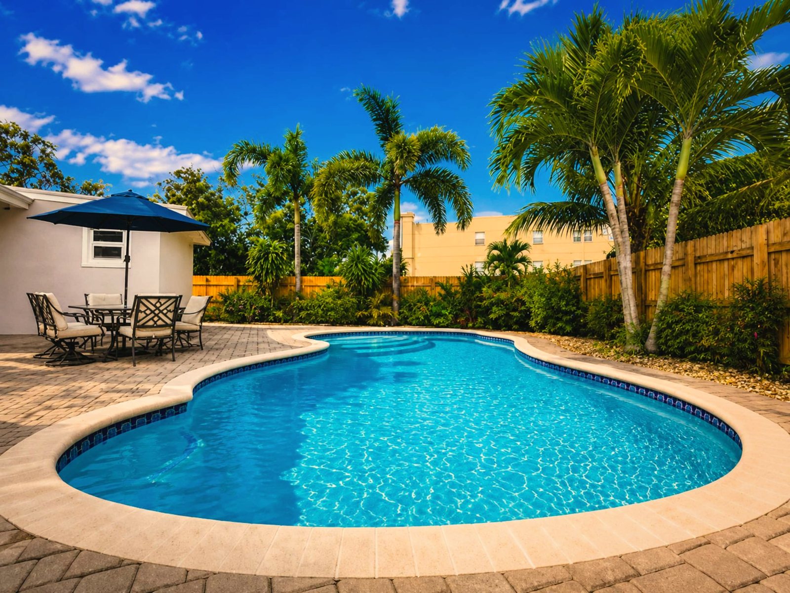 Sunny pool with a paver deck and umbrella seating at the Fort Lauderdale, Florida home BookedMore co-hosts