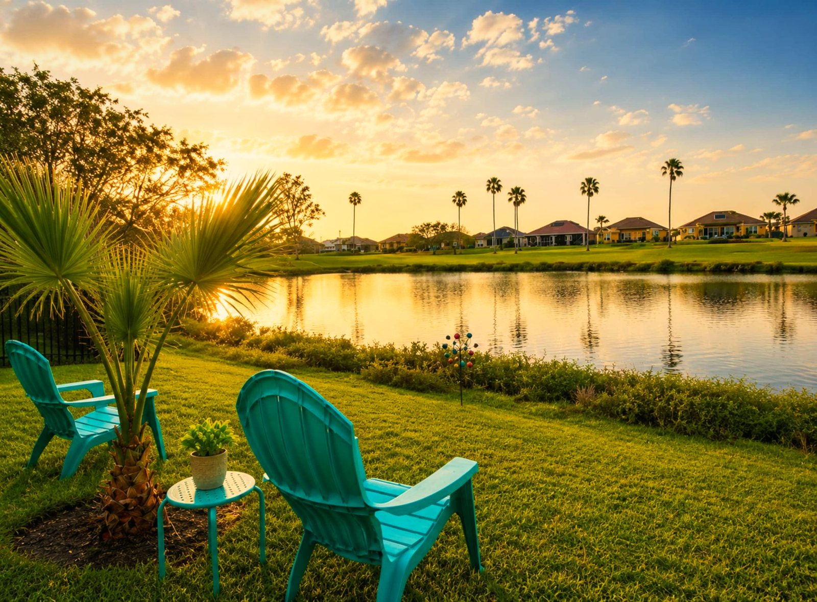Sunset over the lake and lawn at Lakewood, a home BookedMore co-hosts in Laguna Vista, Texas