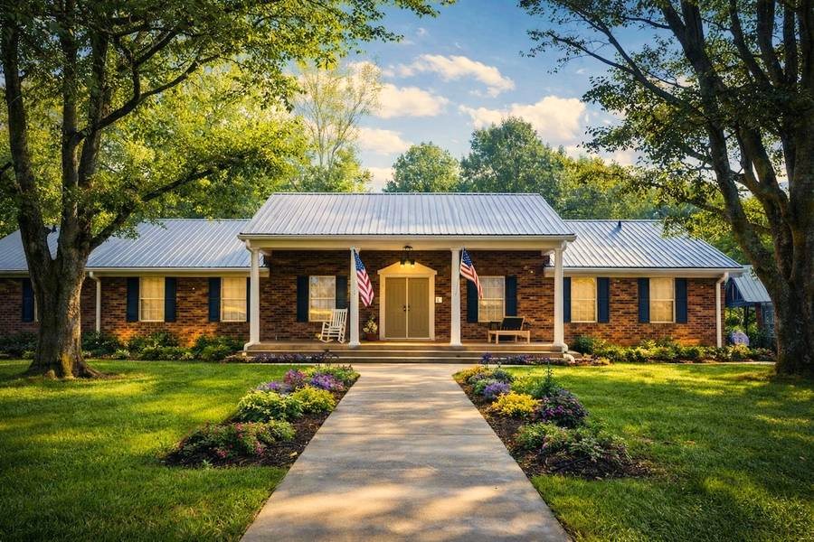 Brick ranch-style exterior of Ocoee River Family Haven with a landscaped front walk in Benton, Tennessee