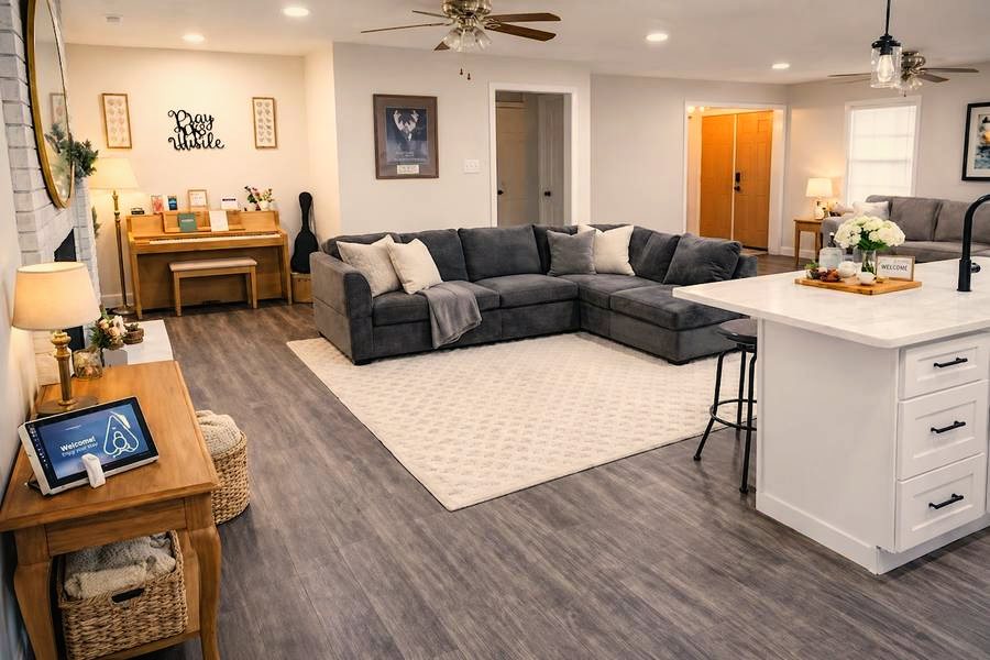 Open-plan living room at Ocoee River Family Haven, a home BookedMore co-hosts in Benton, Tennessee