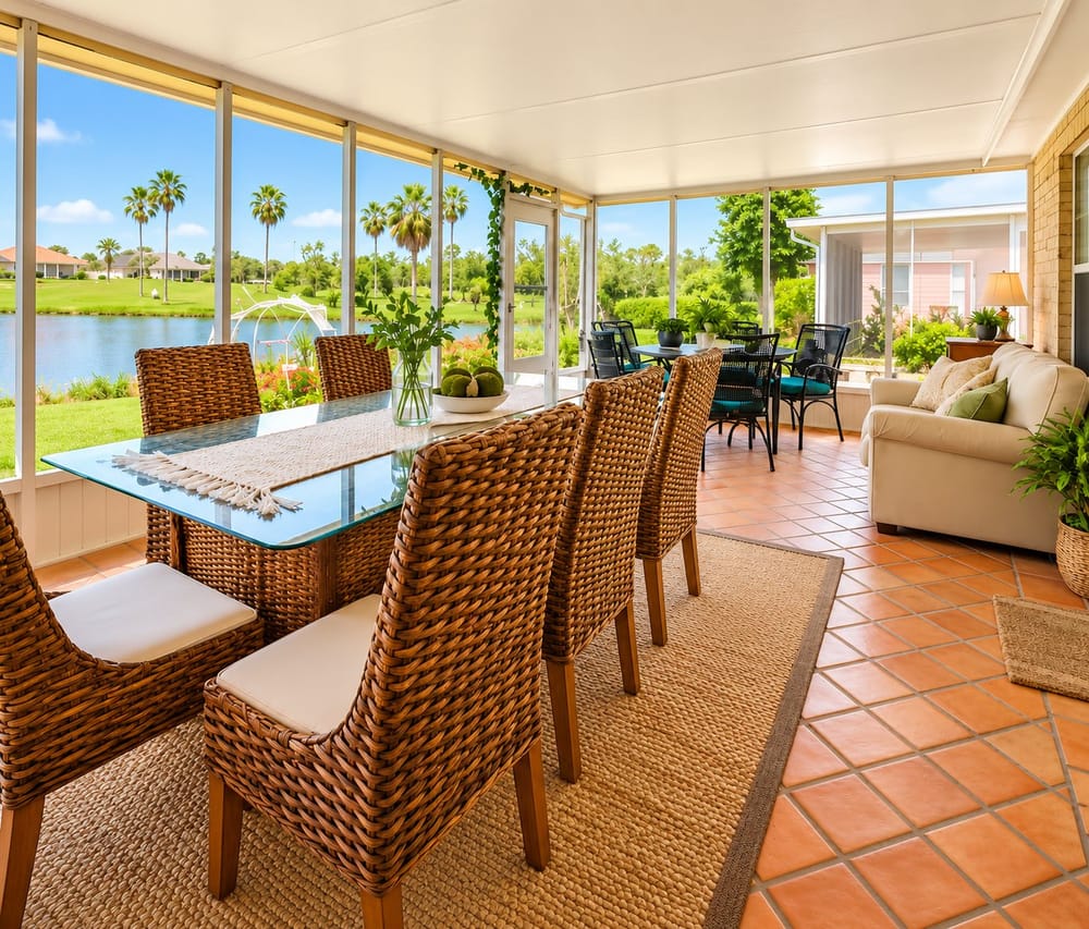 Bright screened lanai with a dining table and lake views at Lakewood, a home BookedMore co-hosts in Laguna Vista, Texas