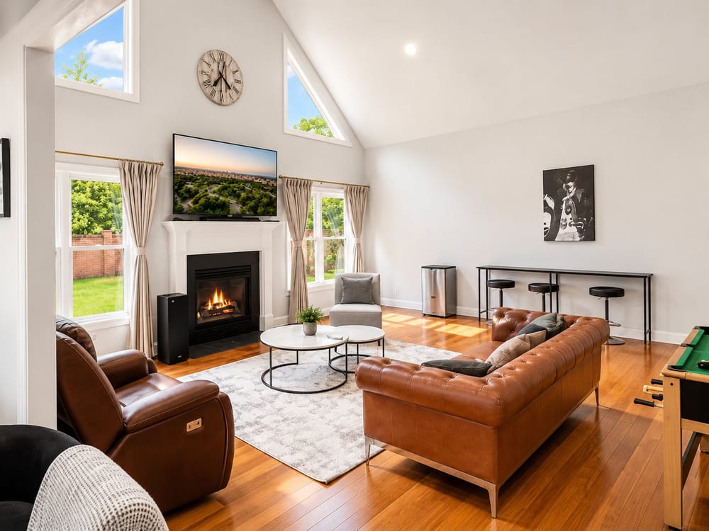 Vaulted living room with a fireplace and leather sofas at Duchess Ct, a home BookedMore co-hosts in Jamestown, North Carolina