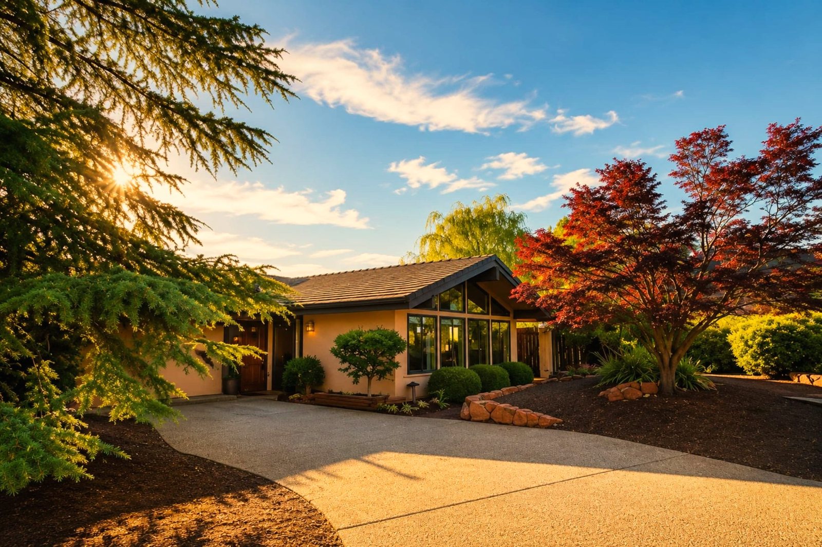 Sedona Retreat home exterior at golden hour with red maples and a wide driveway in Sedona, Arizona