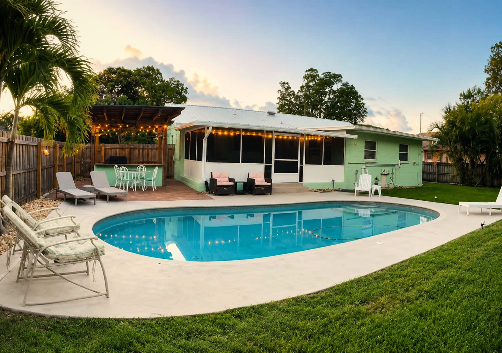 Sunny backyard pool with loungers and a screened lanai at Space Coast Pool Haven in Melbourne, Florida