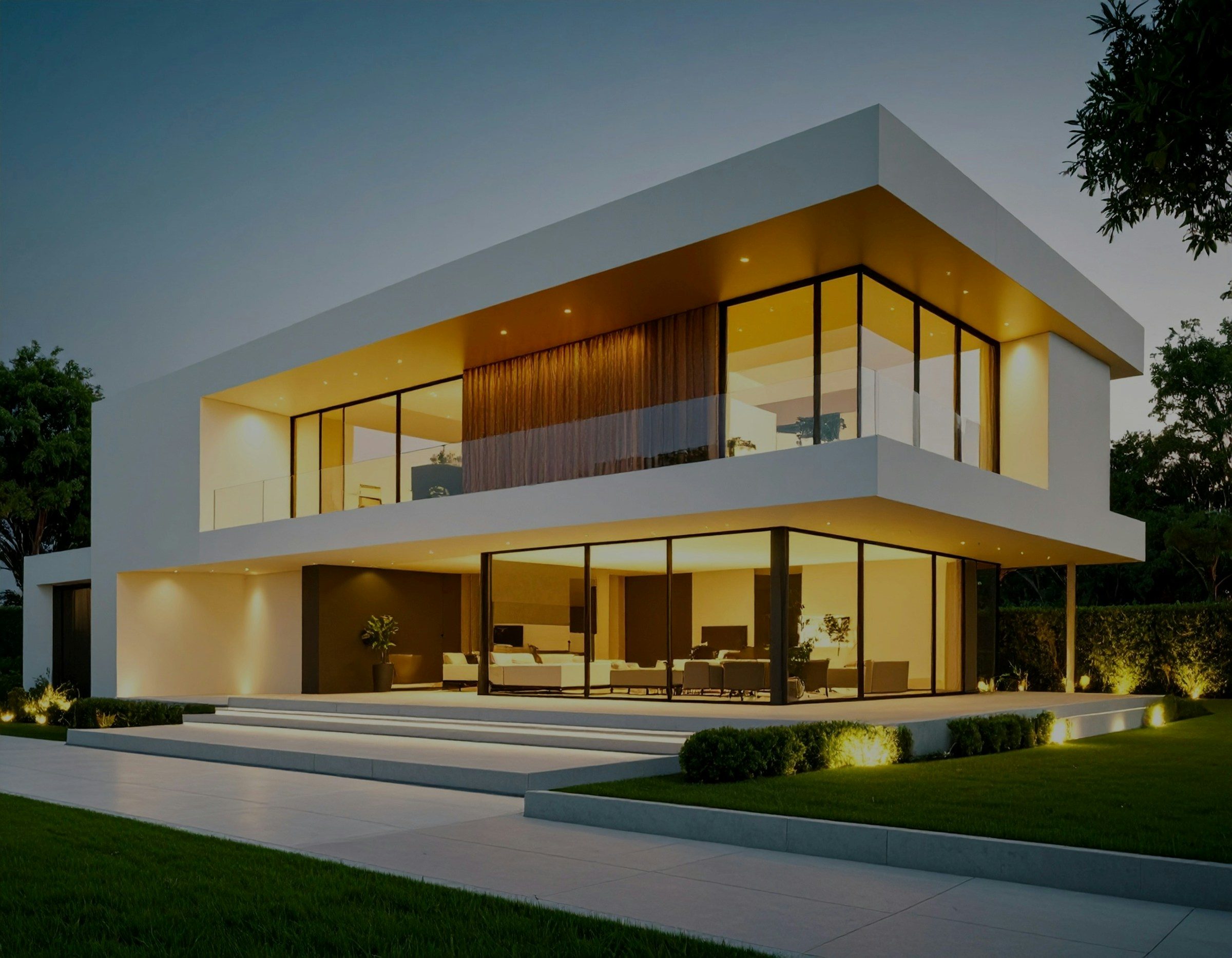 Modern home with glowing windows at dusk (stock photo, Unsplash License)