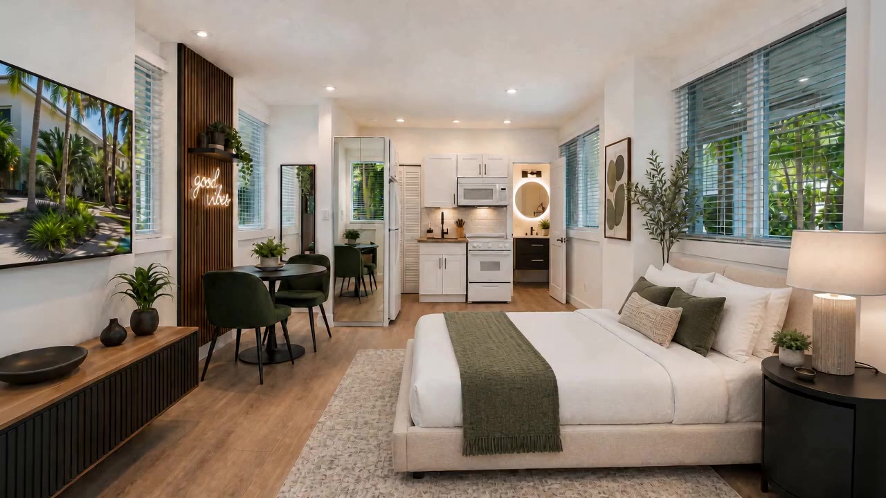 Video tour: a furnished studio interior, an aerial view of the block and a lit rooftop deck at dusk