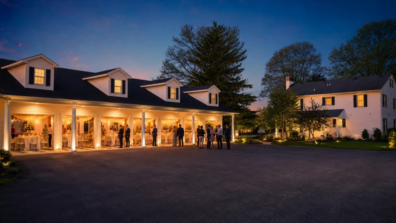 Video: an evening gathering on the lit porch of a white colonial estate at dusk